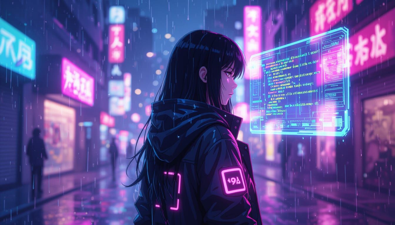 Cyberpunk Anime Woman in Neon Rain