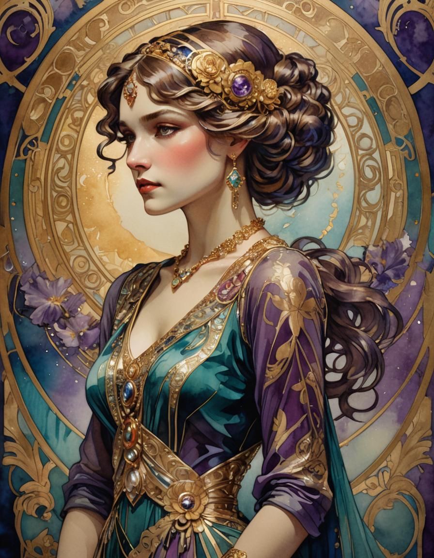 Art Deco Woman Portrait with Golden Accents