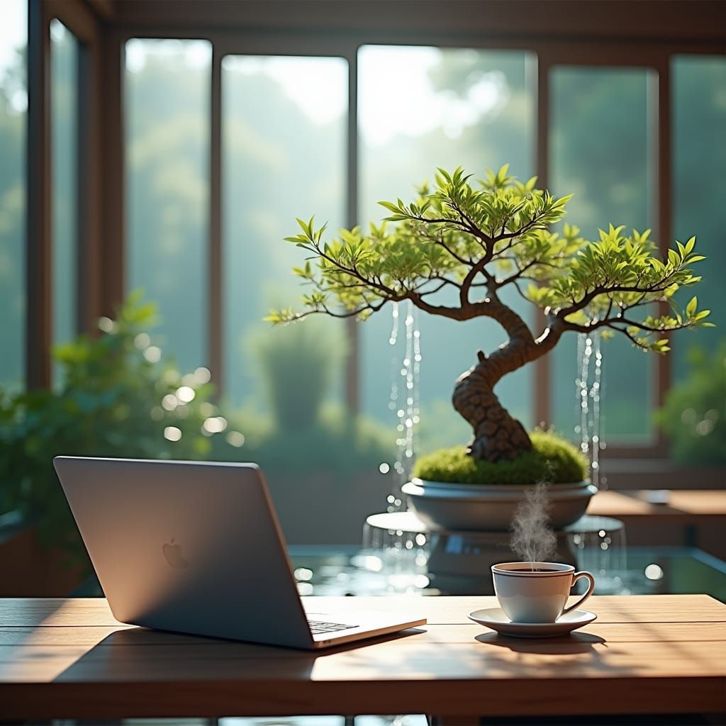Serene Study Sanctuary in 3D with Bonsai Tree