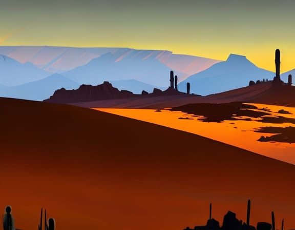 16k resolution, post-impressionist style of Disco Elysium. A stark desert landscape under a twilight sky, dunes dramatic...