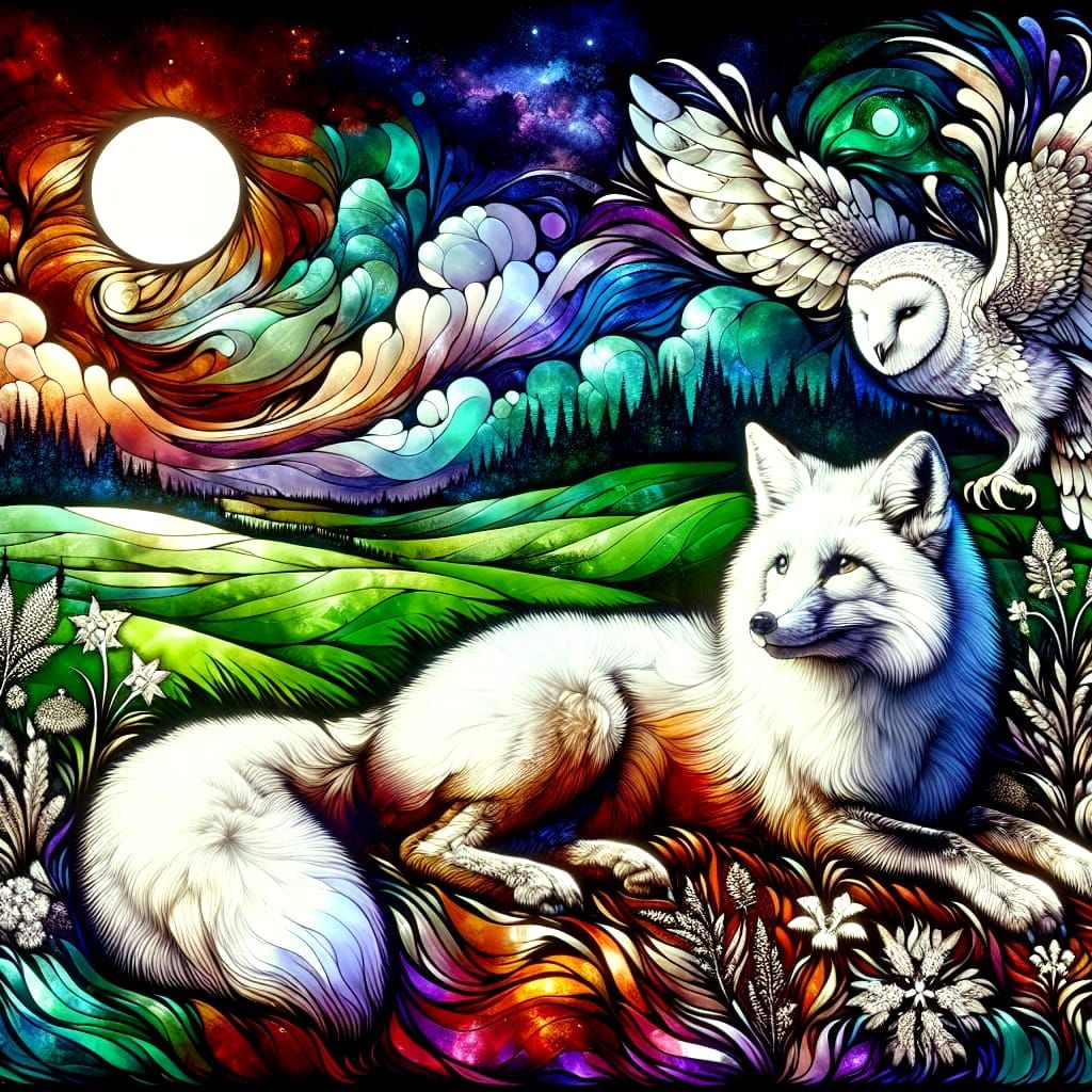White Fox and Owl Under Moon in Stained Glass Style