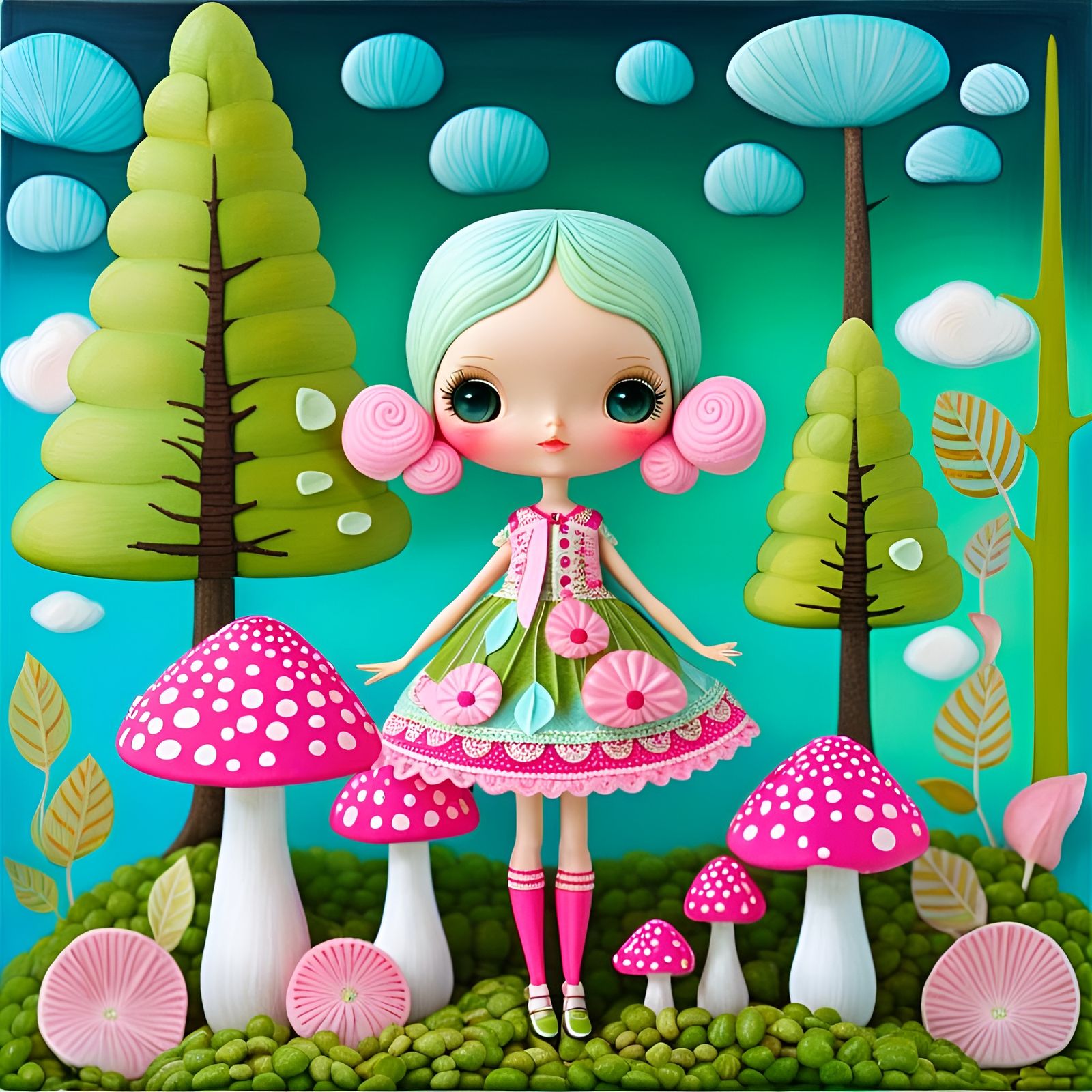 Blythe Doll in Forest Clearing, Art Brut Style