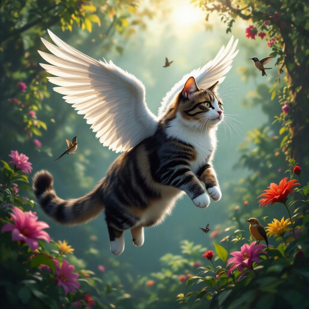 Giant Tabby Cat with Wings over Rainforest
