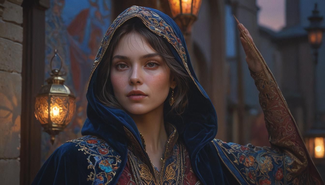 Woman with Lantern Portrait in Art Nouveau Style