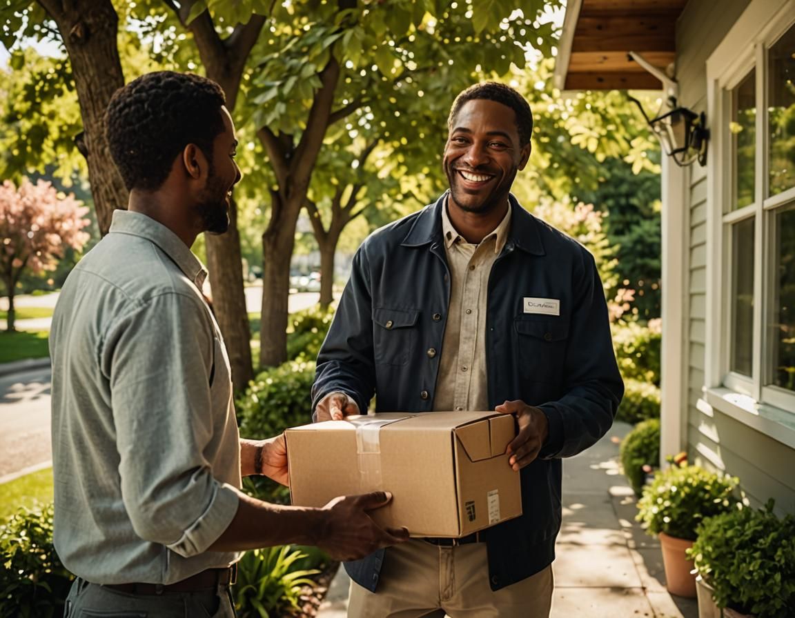 Happy Customer Receives Package in Cinematic Photo