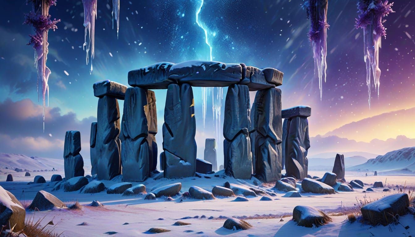 Enchanted Winter Stonehenge in Oil Painting Style