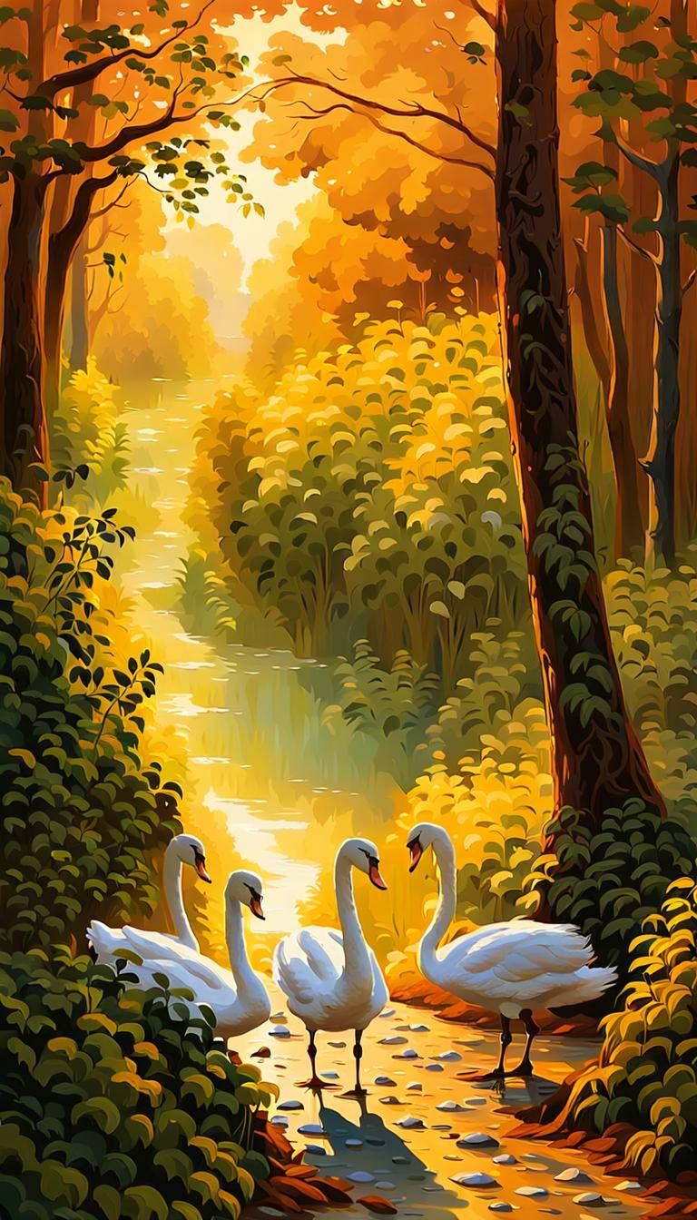 White Swans in Amazon Forest: Impressionist Landscape