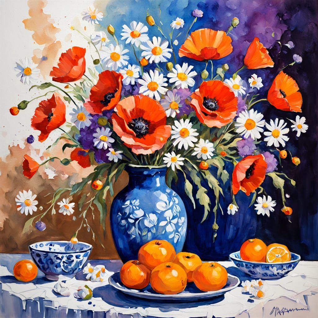 Impressionist Still Life with Flowers and Fruit
