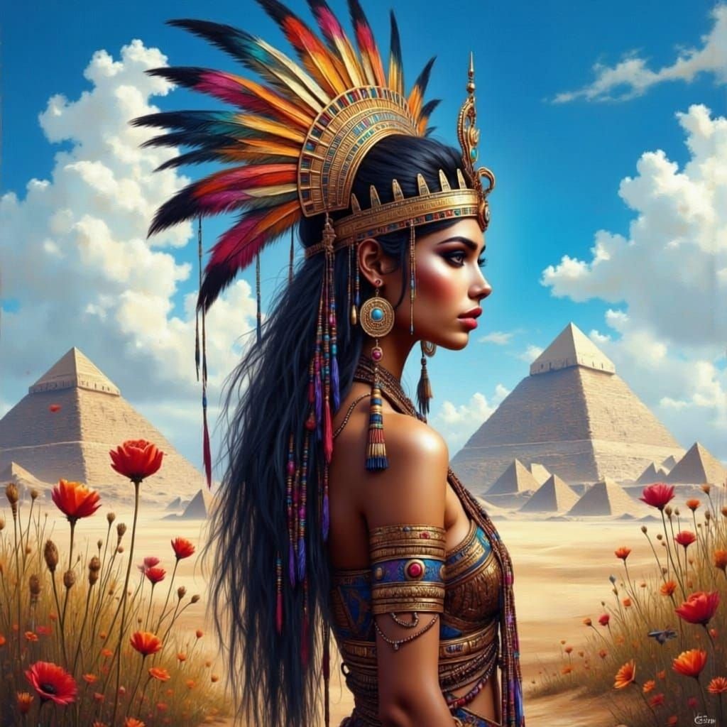 Indian Princess in Tribal Costume Before Pyramids