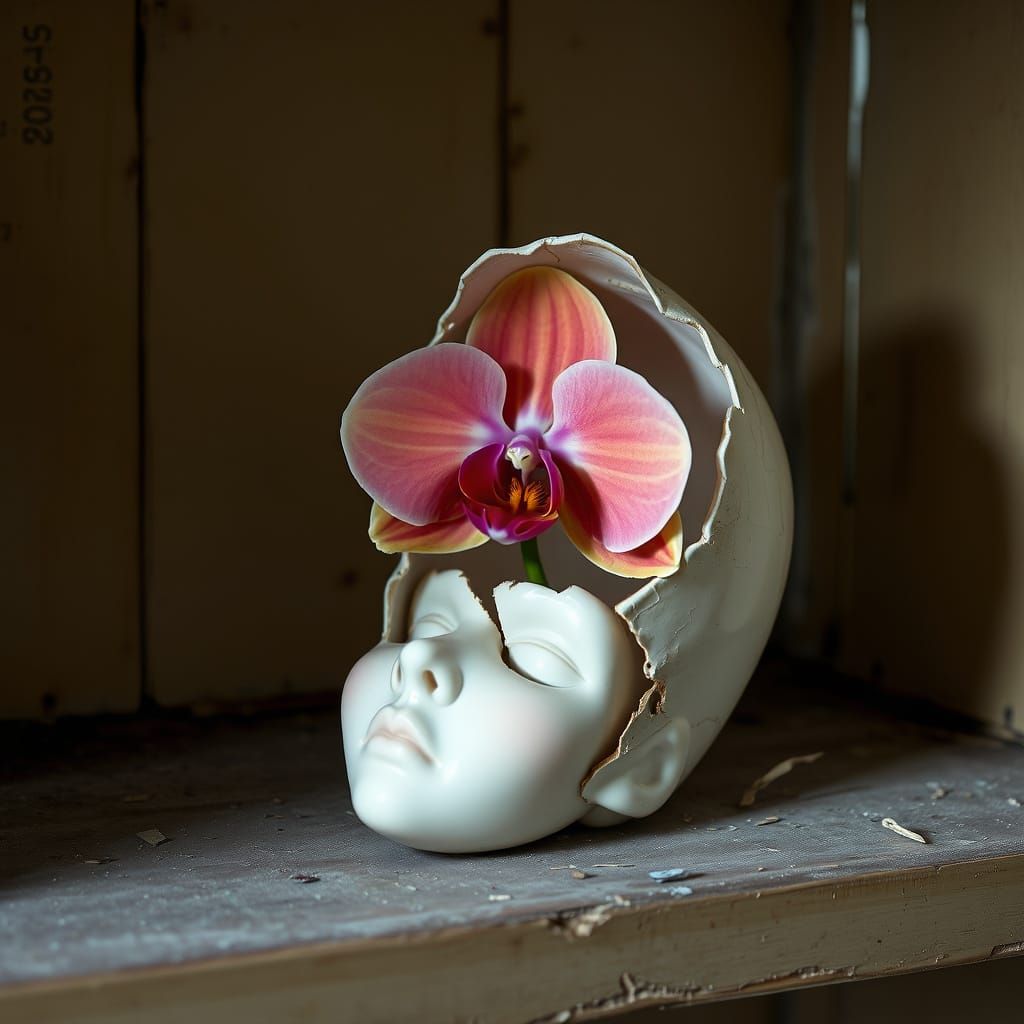 Orchid in Broken Doll Head: Renaissance Painting