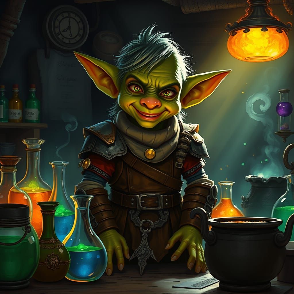 Mischievous Goblin Arranges Magical Potions in Workshop