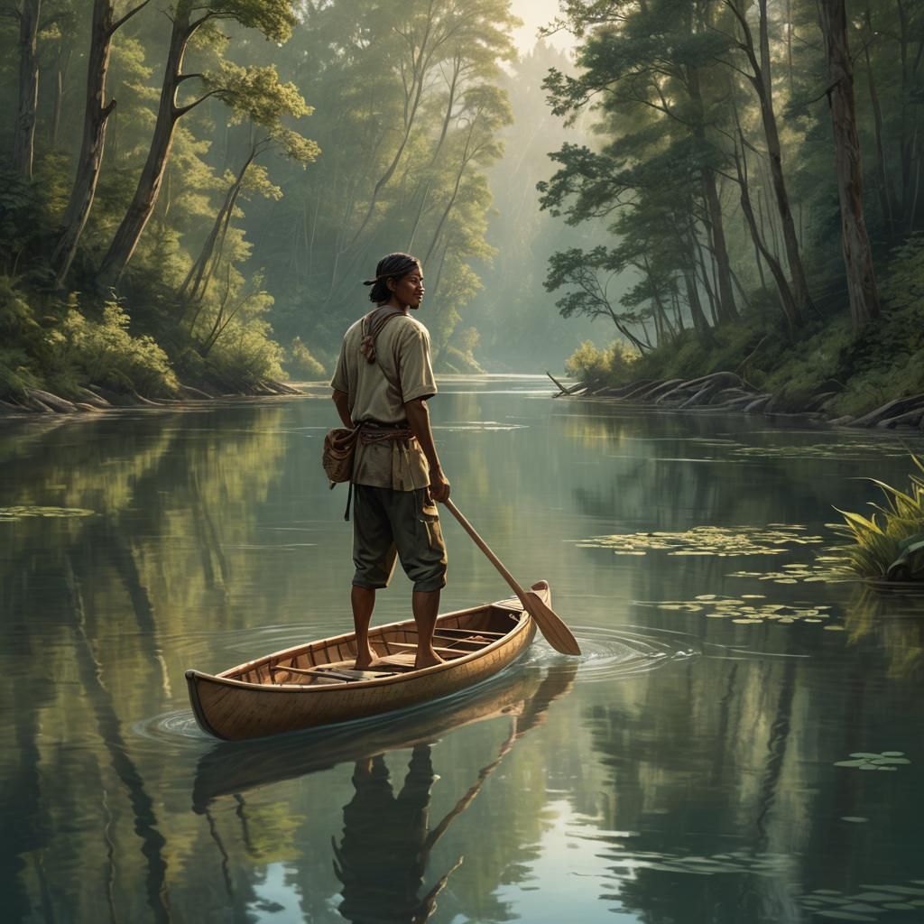 Indigenous Man Paddling Canoe: Hyper-Realistic Concept Art