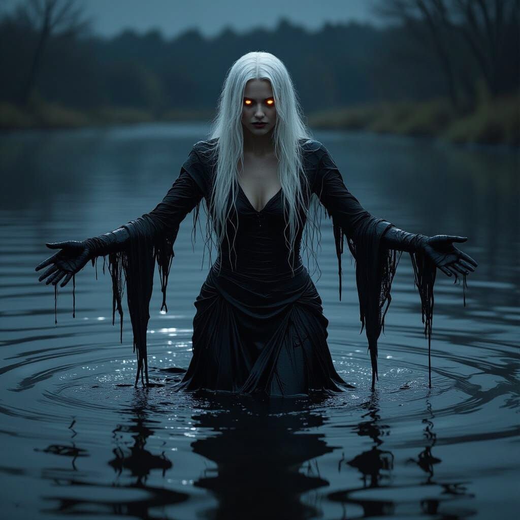 Dark Witch Rises from Oily Lake at Night