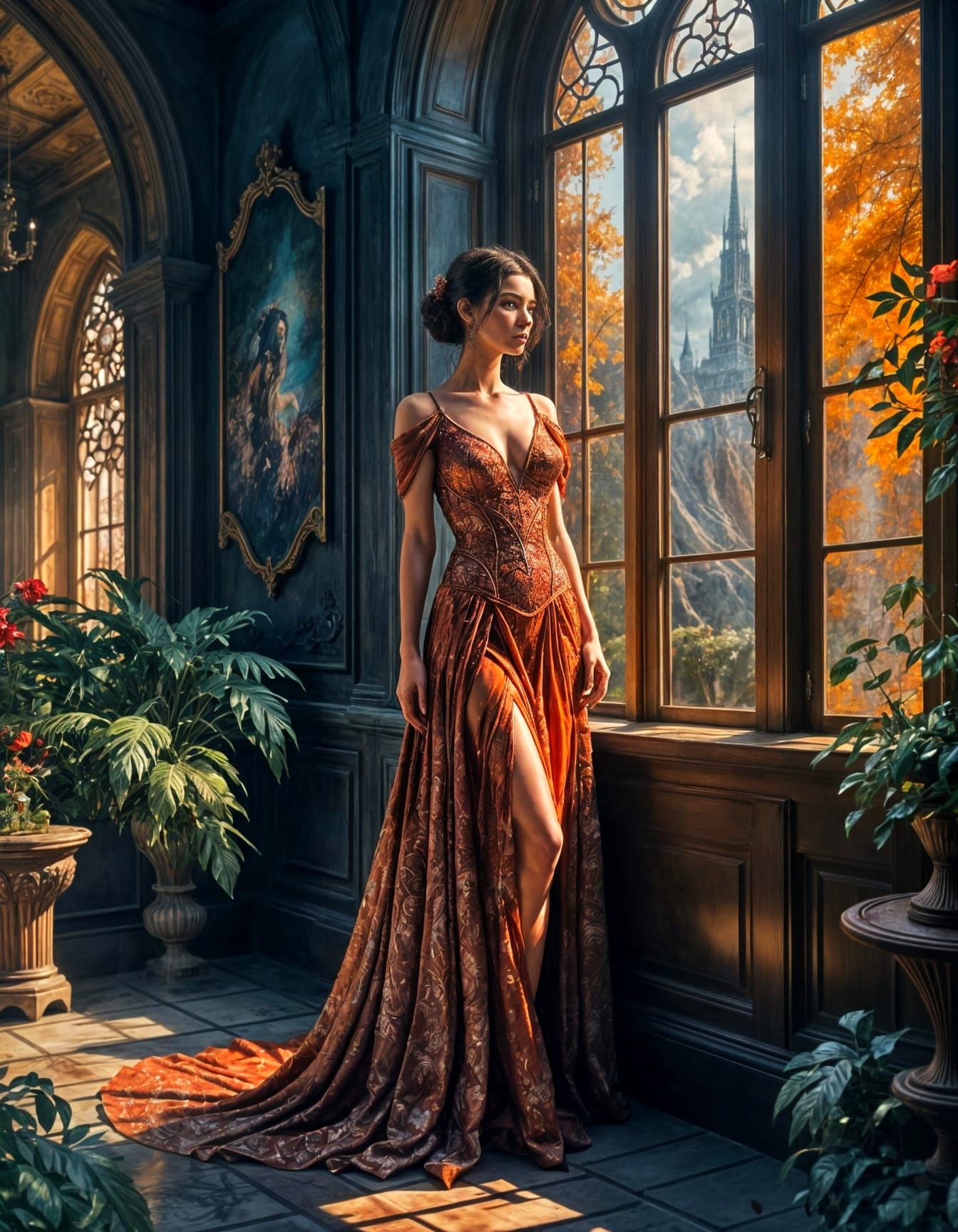 Surreal Red Gown Fantasy in a Luxury Apartment