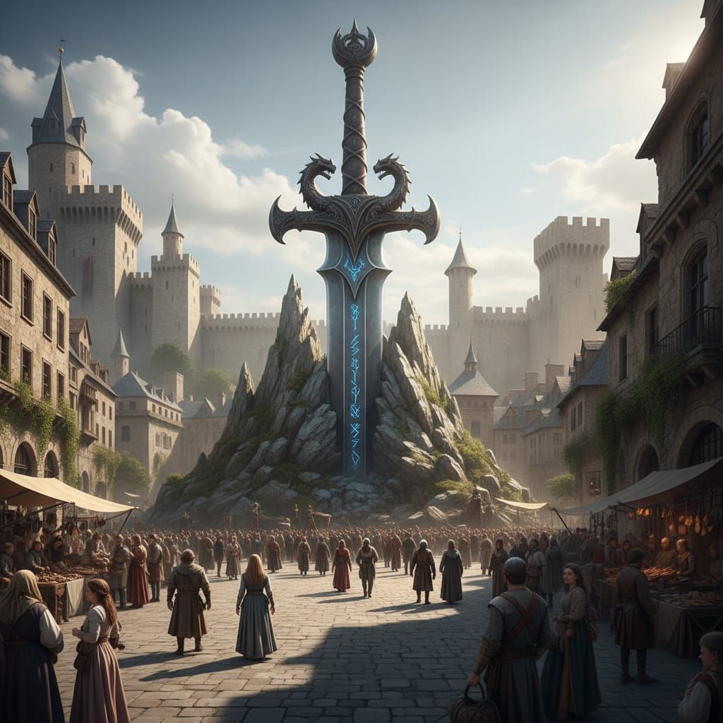 Gigantic Sword Monument in Medieval City Plaza
