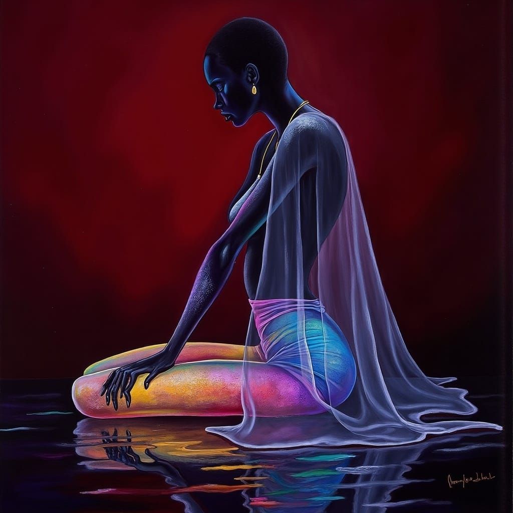 Woman in Bioluminescent Rainbow Tights on Obsidian Floor