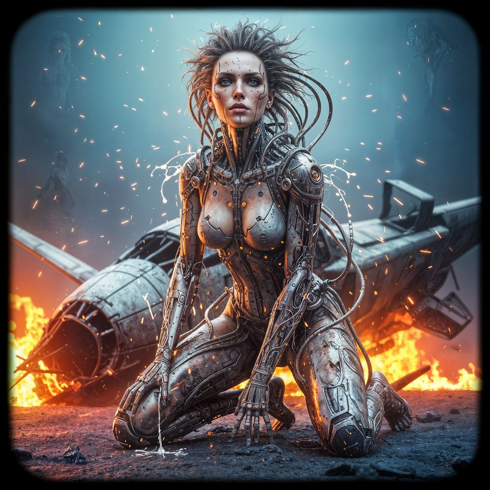 Futuristic Cybergoth Warrior Kneeling by Crashed Spaceship