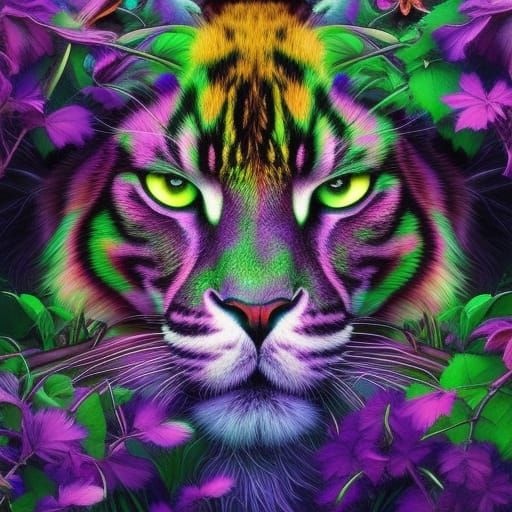 Purple Tiger in Bioluminescent Wasteland Punk Jungle