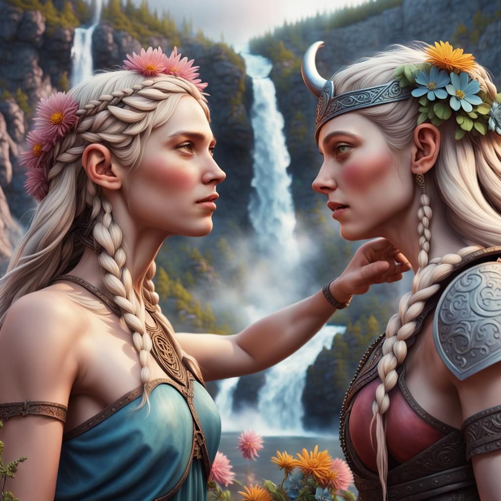 Futuristic Humanoid Meets Viking Woman in 3D Render