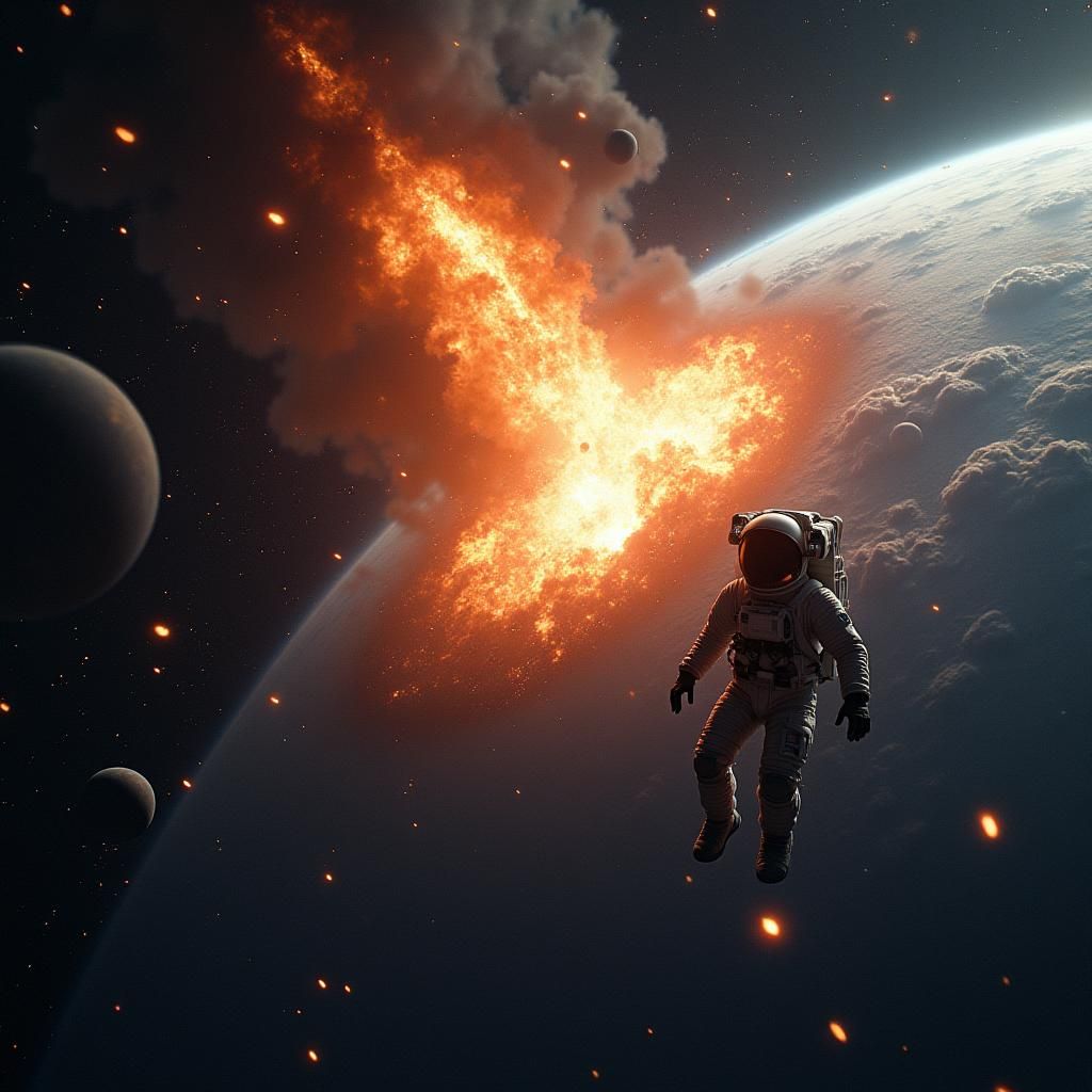 Astronaut Witnessing Earth's Fiery Destruction in Space