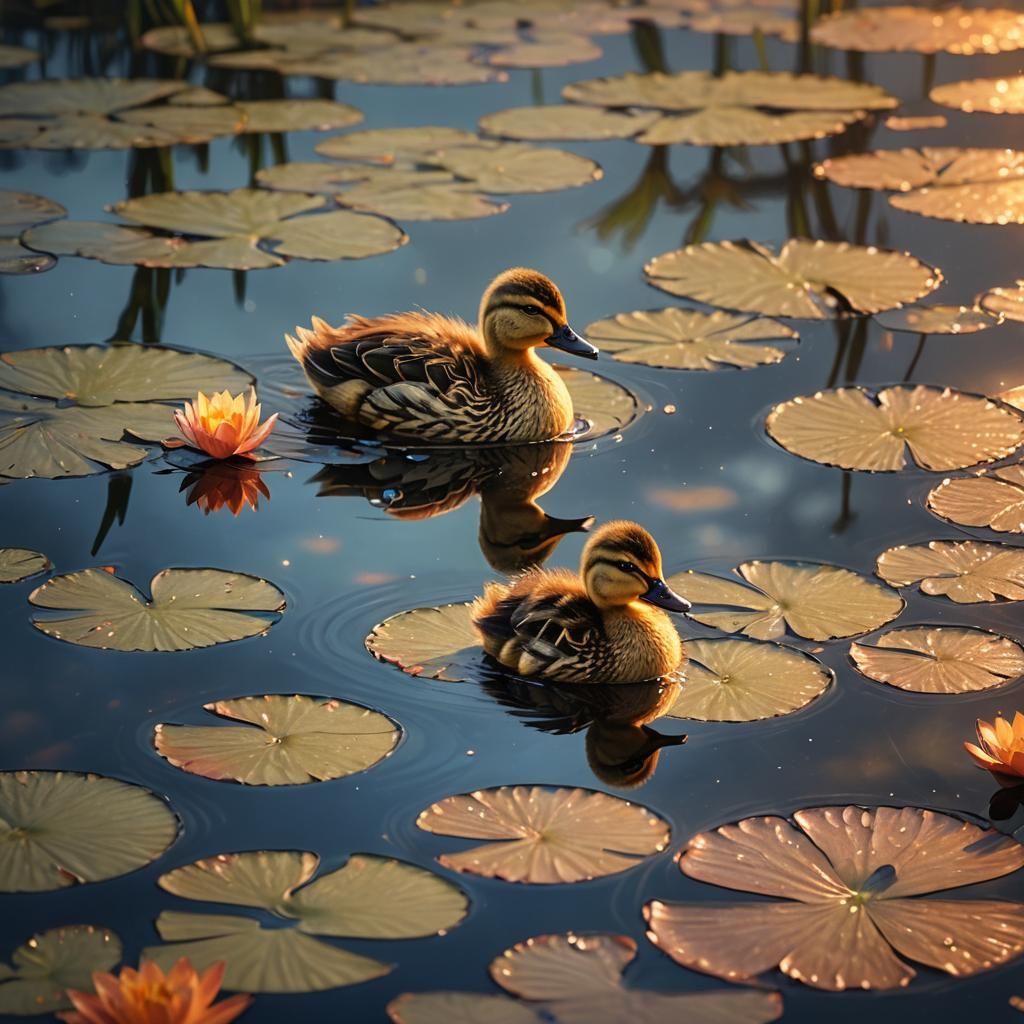 Duckling Gazing at Reflection in Pond: Matte Painting