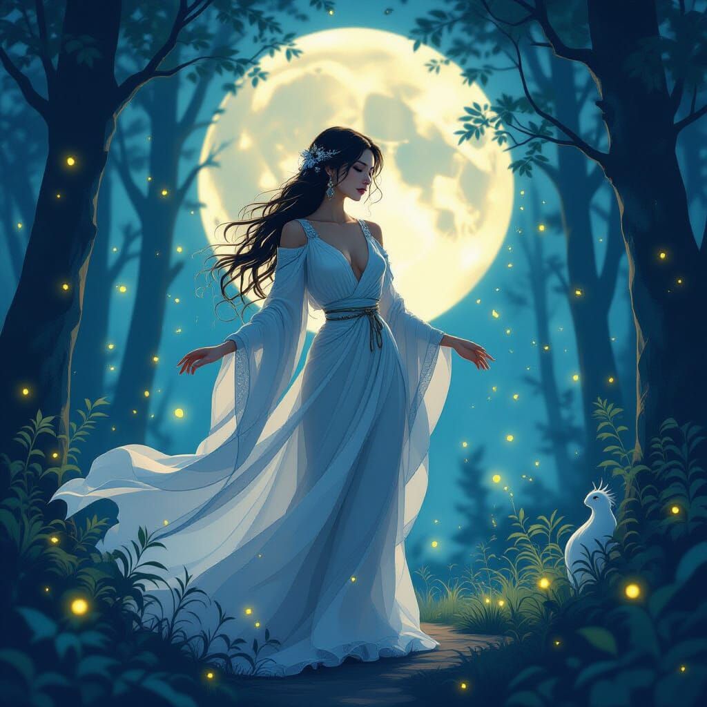 Moonlit Forest Scene with Mythical Creatures
