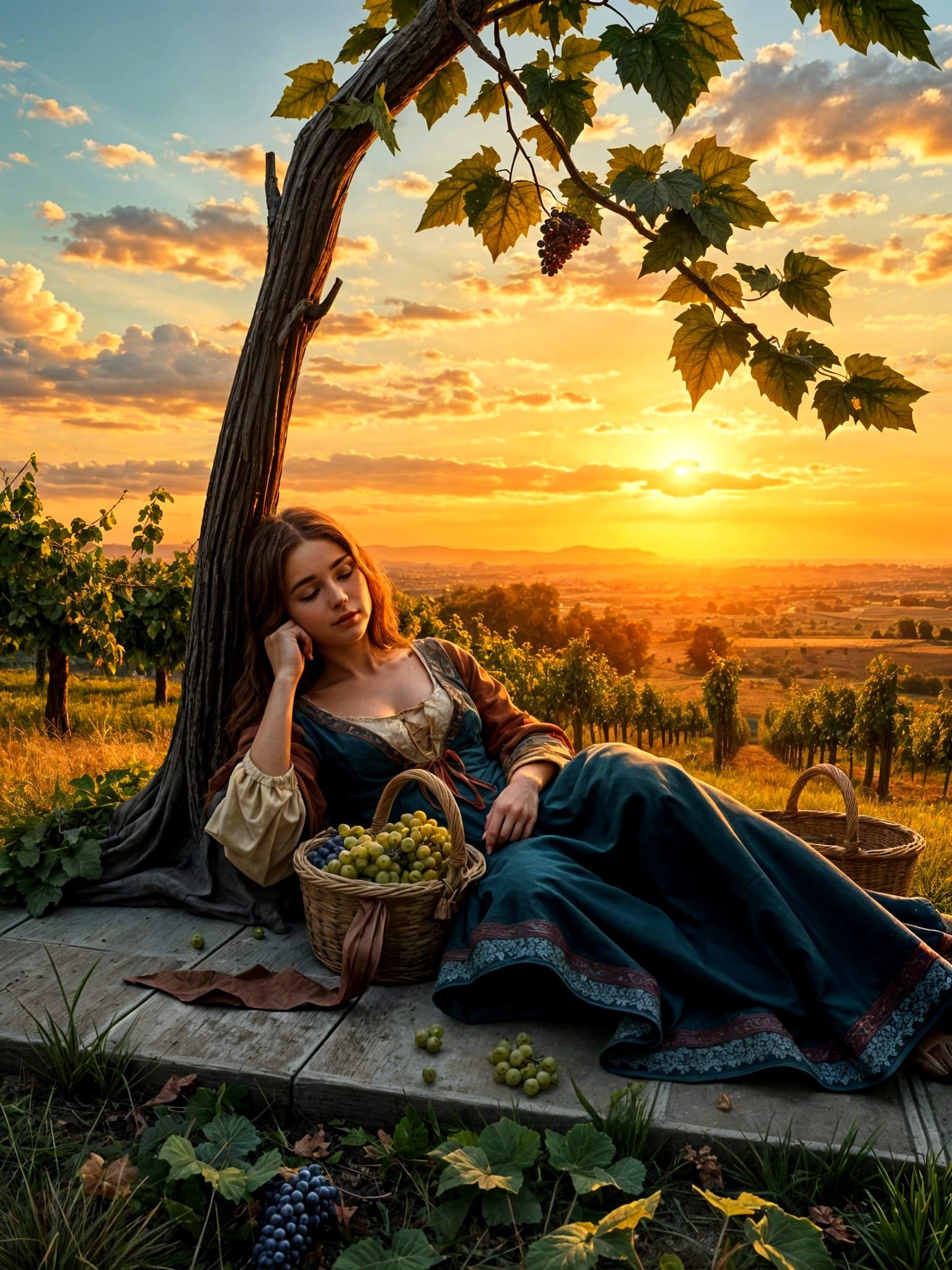 Medieval Woman in Golden Hour Vineyard