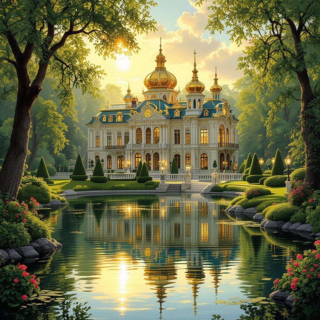 Luxury Palace in Lush Gardens with Golden Sunlight