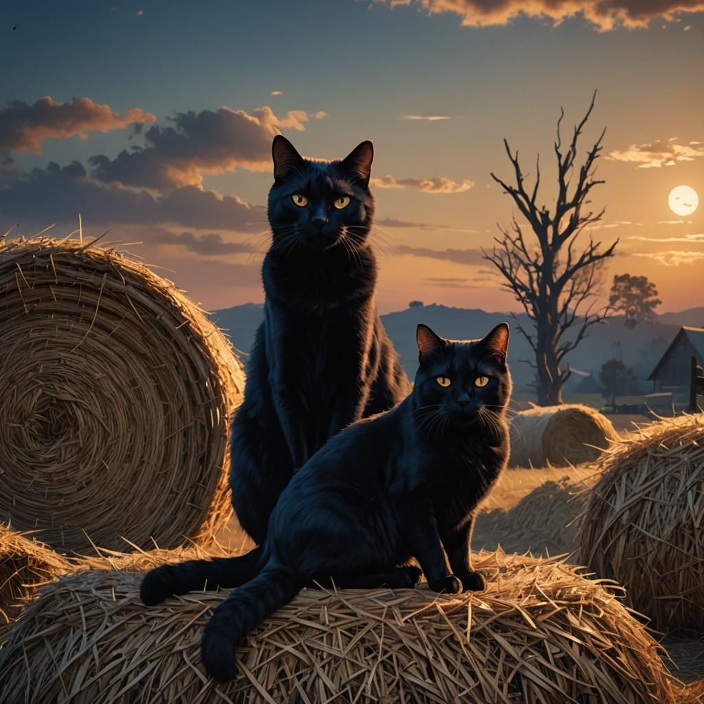 Black Cat on Hay Bale at Dusk: Dark Fantasy Art