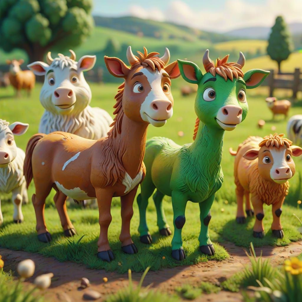 Clay Farm Animals in Sunlit Meadow, Digital Sculpture