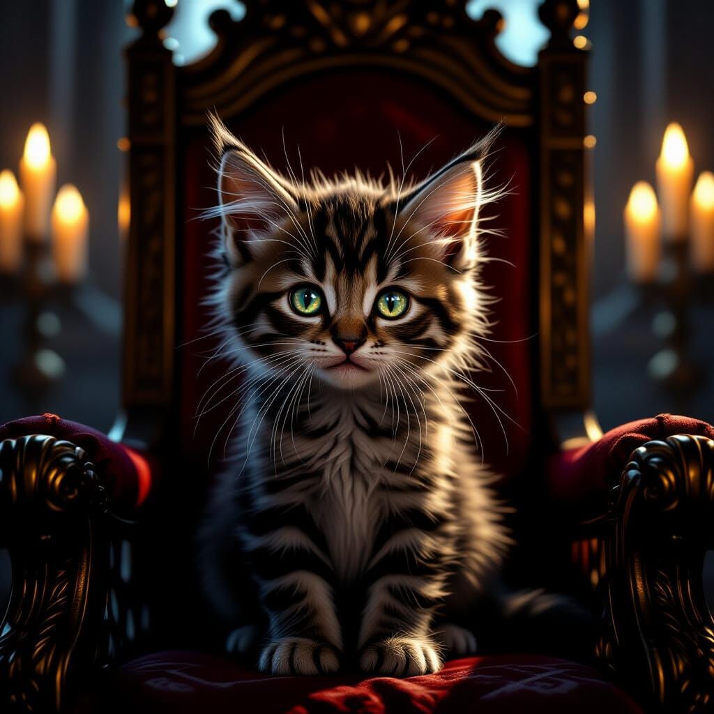 Luminous Kitten on Ornate Throne in Fantasy Room