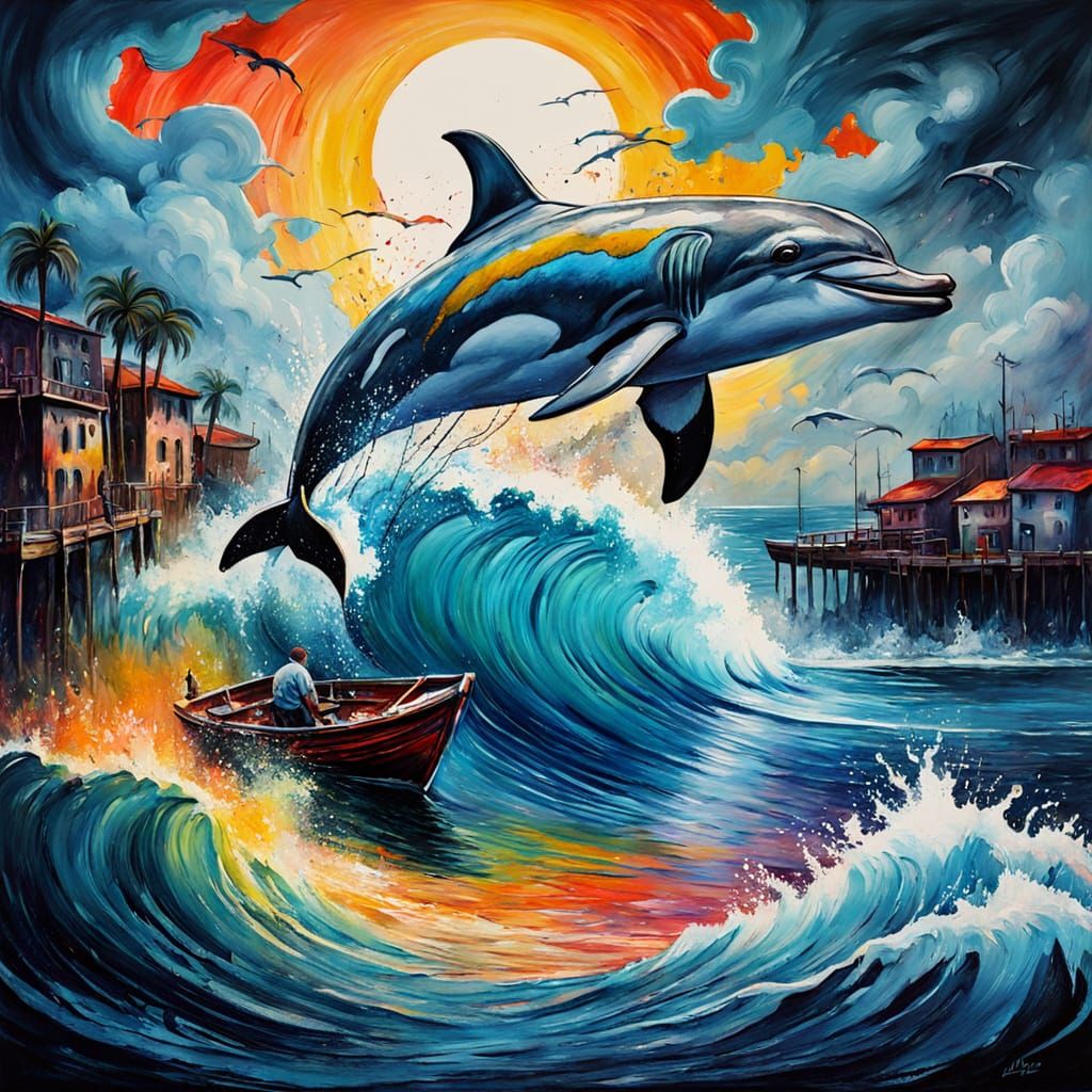 Colorful Sunset Seascape with Dolphins in Neo-Impressionism