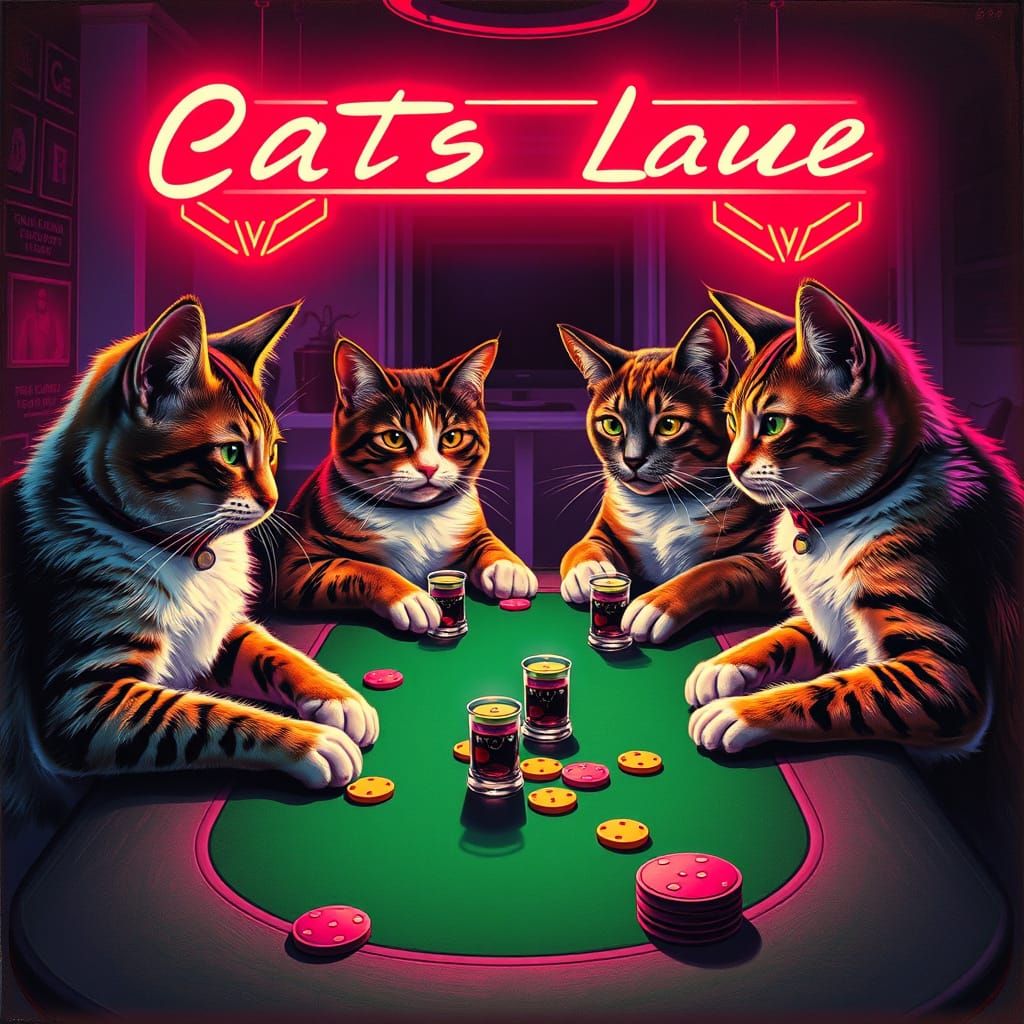 Cats Play Poker in Synthwave Neon Style