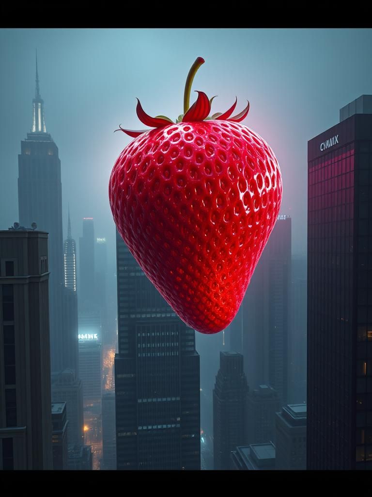 Giant Strawberry Rises Over Cyberpunk New York