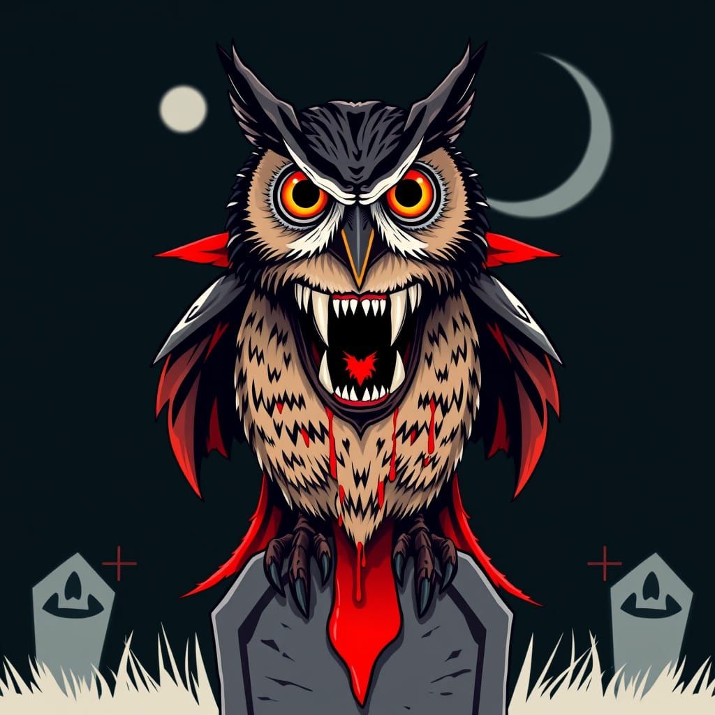 Terrifying Vampire Owl on Gravestone