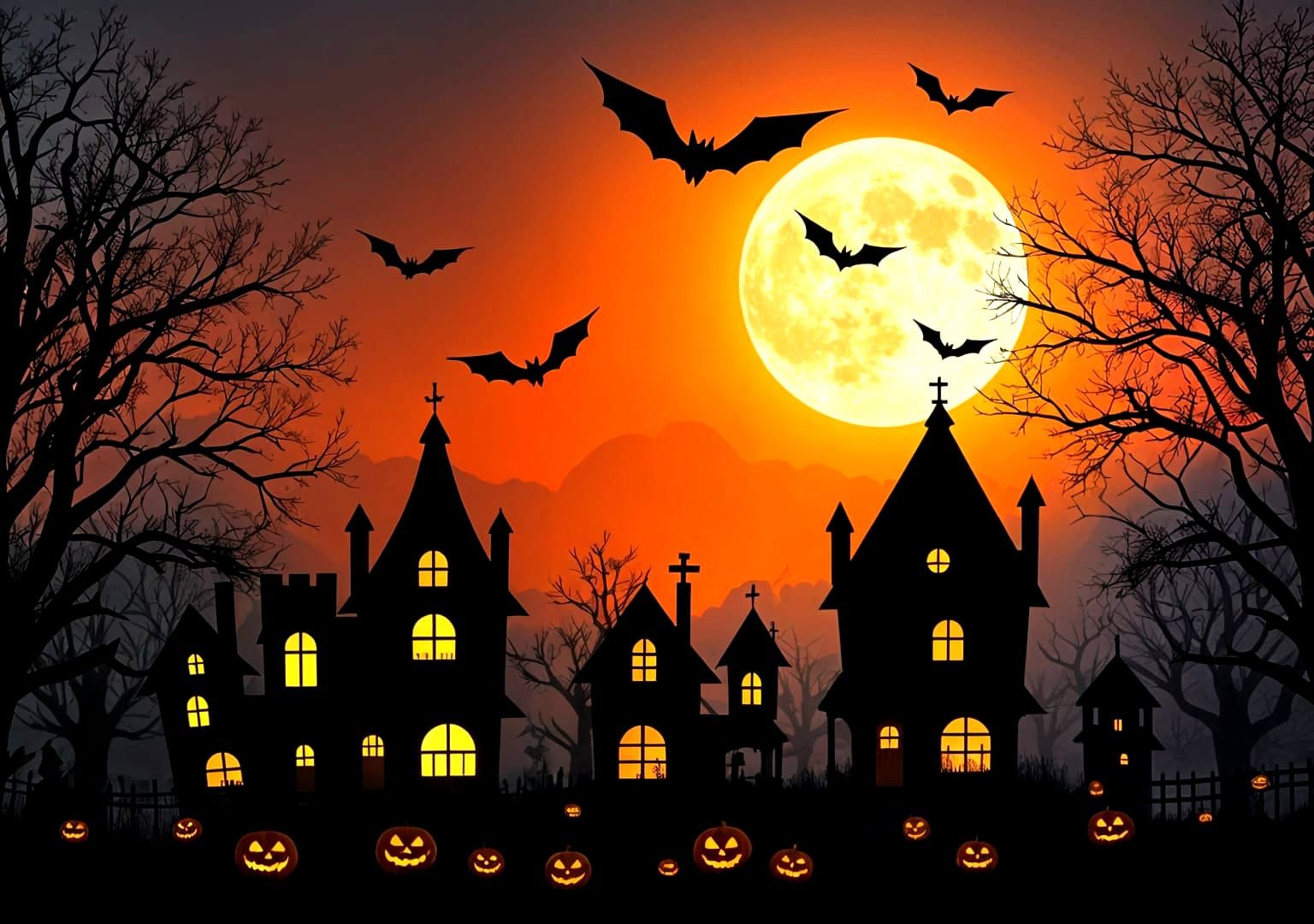Eerie Halloween Scene with Haunted Houses and Full Moon