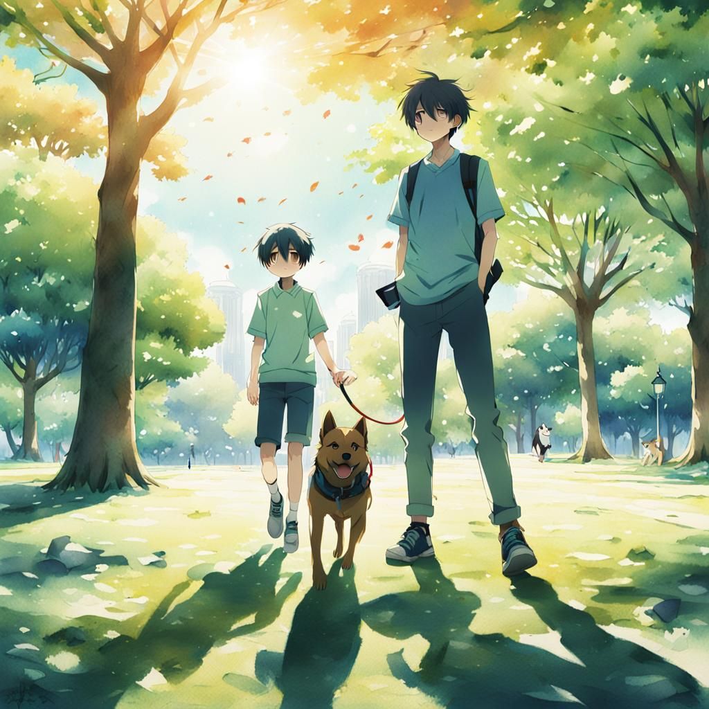 Boy and Dog Playing: Vibrant Anime Style