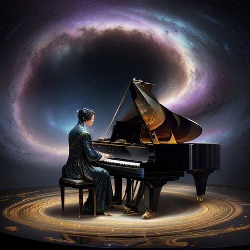 Pianist Plays Cosmic Piano in Nebula, Digital Art