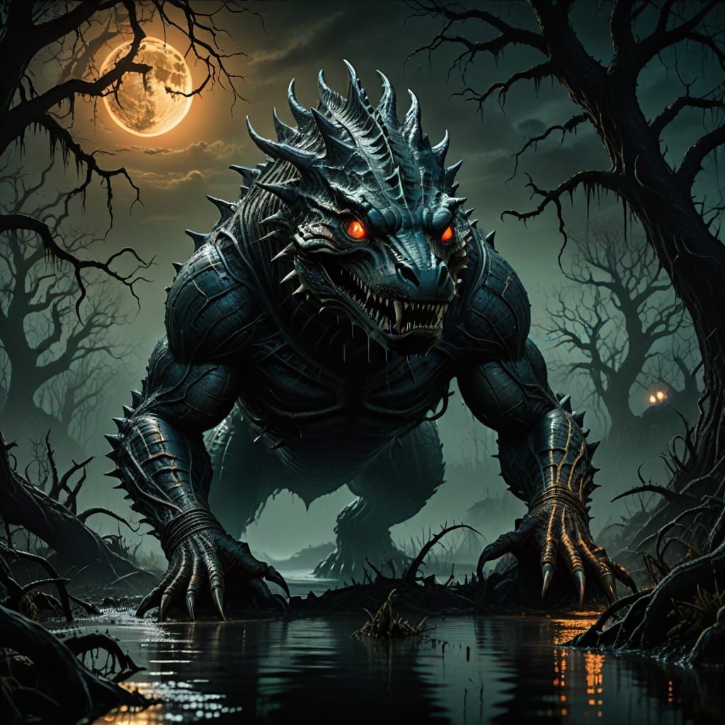 Giant Demonic Alligator Emerges from Toxic Swamp under Blood...