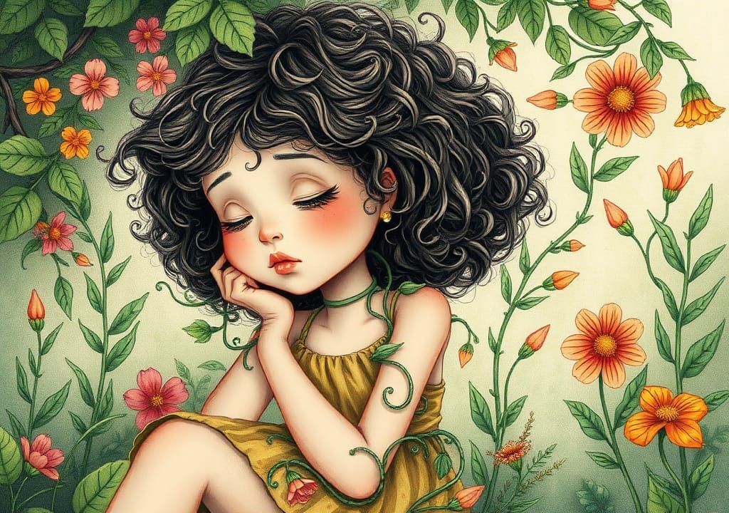 Girl in Floral Dreamscape: Whimsical Art Illustration
