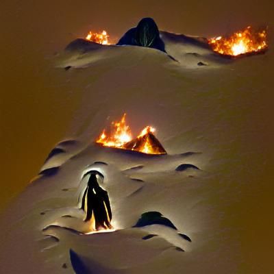 Hooded Figure Amidst Mountain Fires