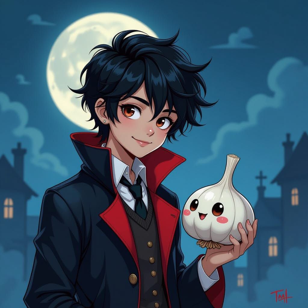 Vampire Befriends Anthropomorphic Garlic in Moonlit Gothic S...