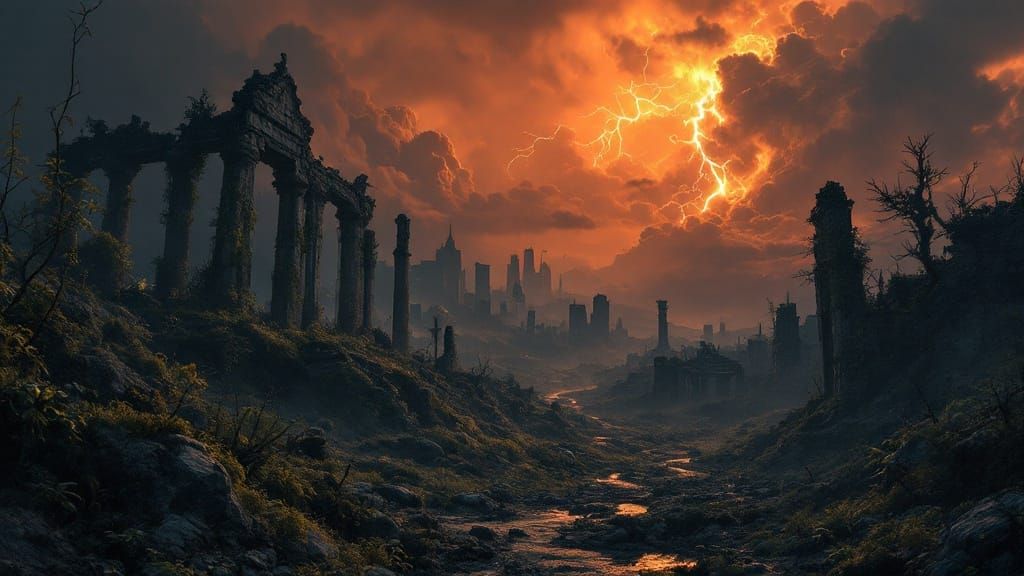 Apocalyptic City Ruins Under a Fiery Sky