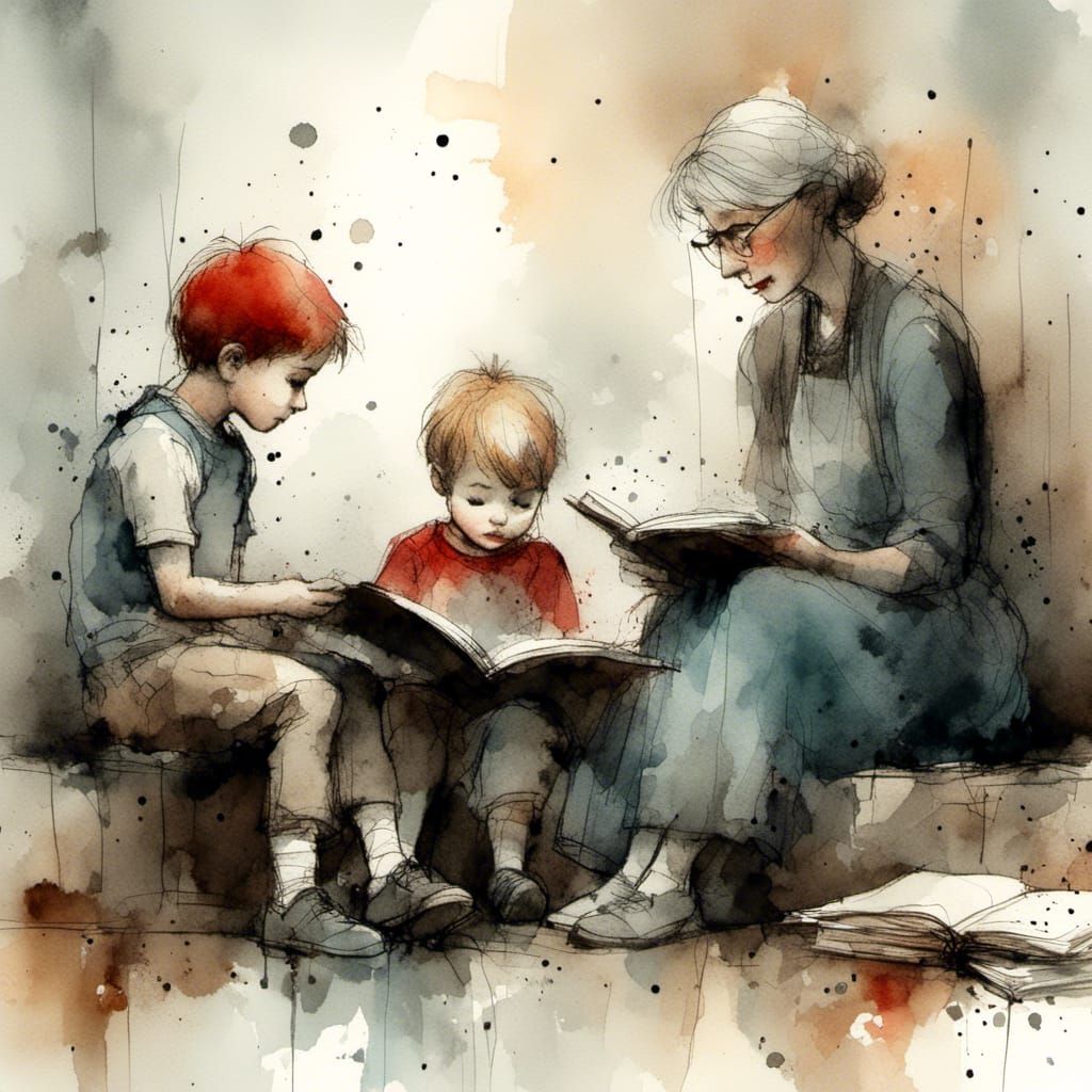 Grandmother Reading to Grandchildren in Charcoal and Ink
