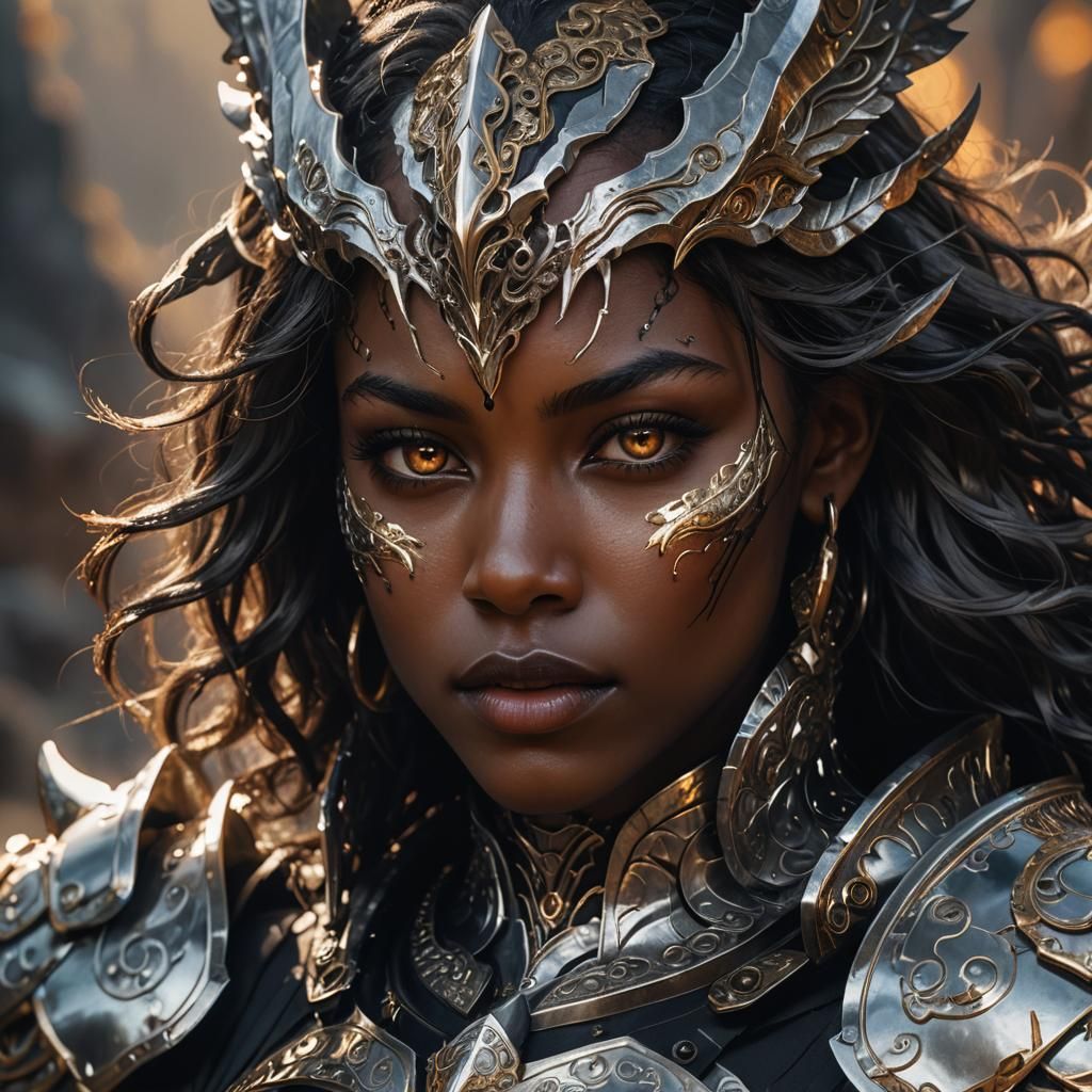 Ebony Fantasy Warrior in Silver Armor, Digital Art