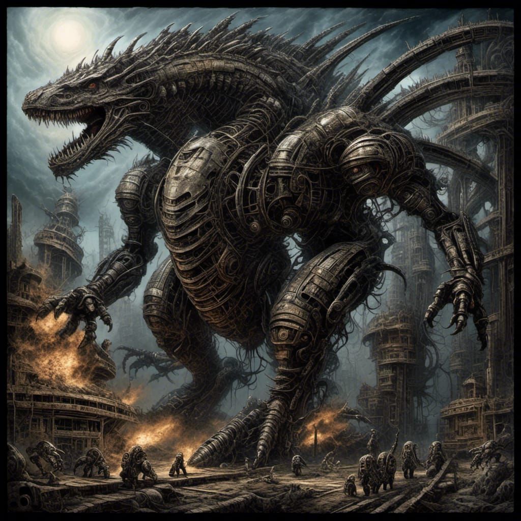 Demonic Mechagodzilla Centaur in Giger Style