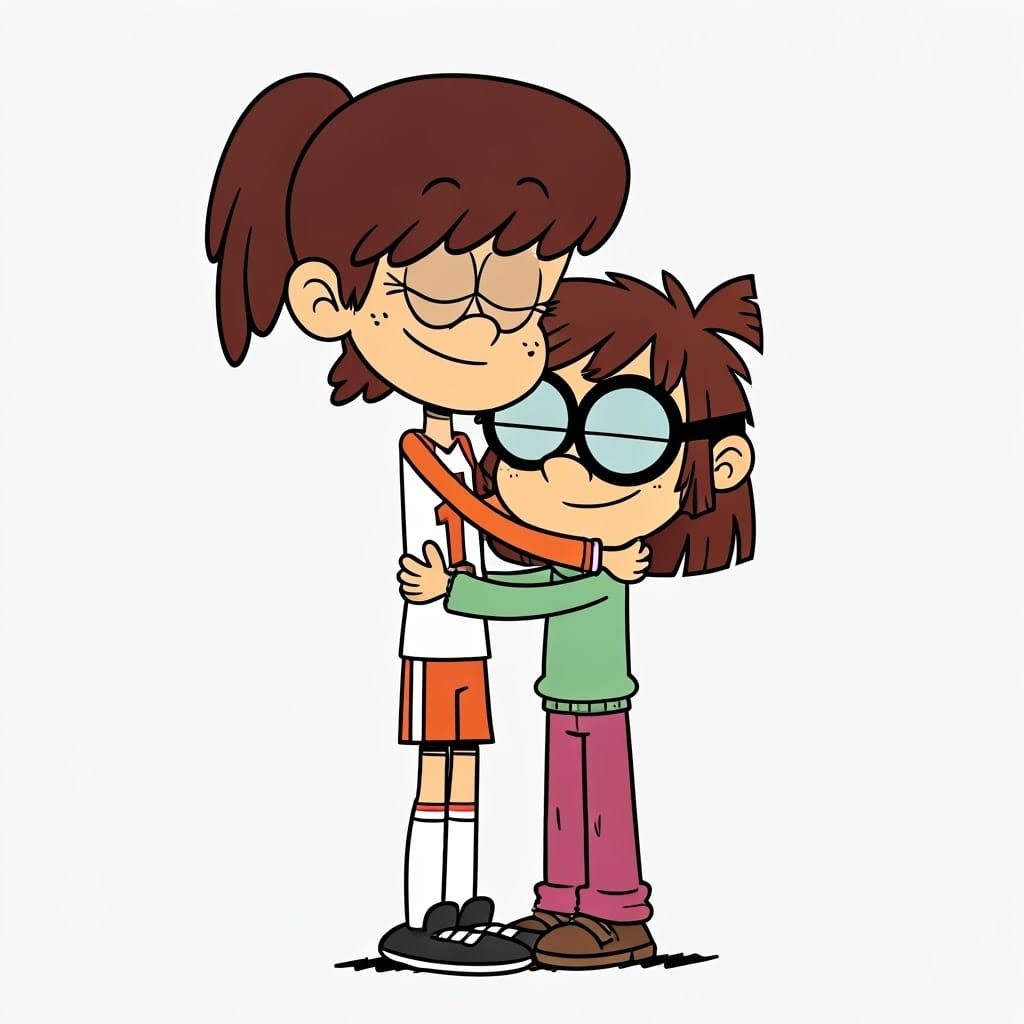 The Loud House cartoon style: Two cartoon girls are hugging. The 13 year old girl is Lynn Loud. She is wearing a red and...