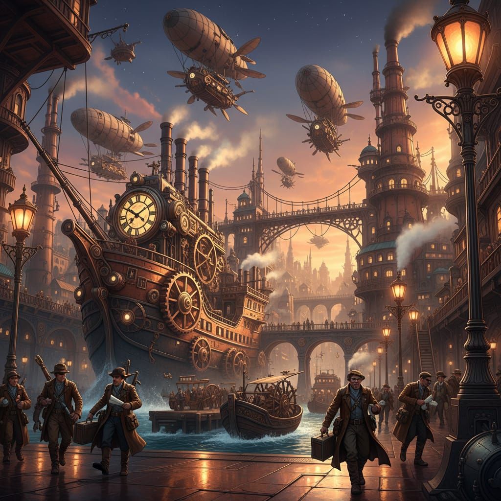 Steampunk Harbour with Clockwork Airships