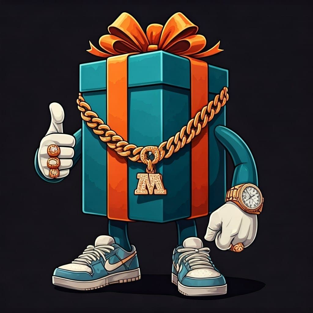 Confident Gift Wrapt Present Gives Thumbs Up in Luxury Stree...