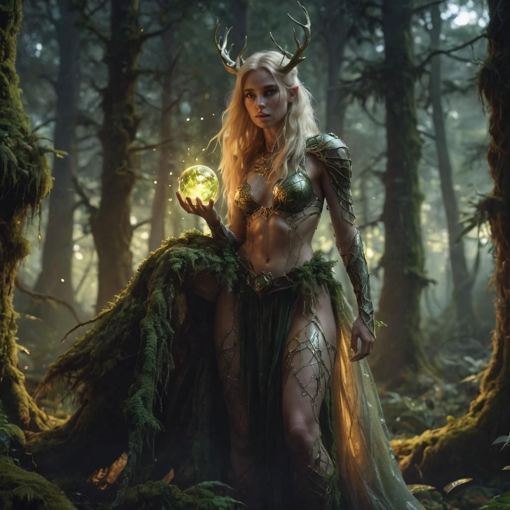 Mystical Forest Scene with Glowing Orb, Digital Art